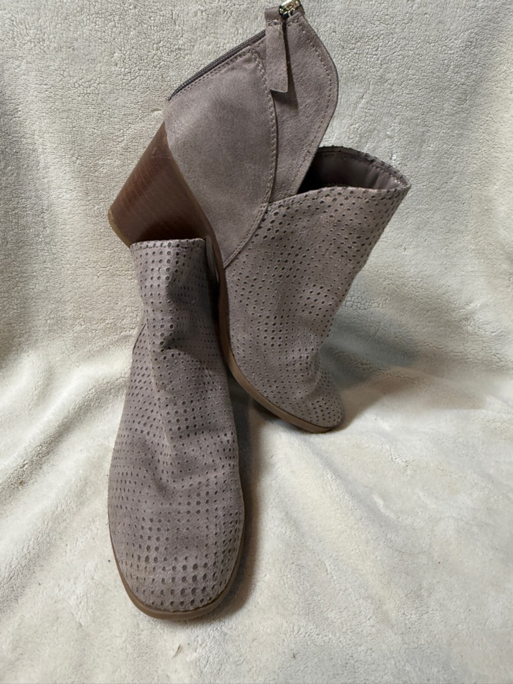 Fergalicious Taupe Perforated Suede Ankle Booties with Stacked Heel